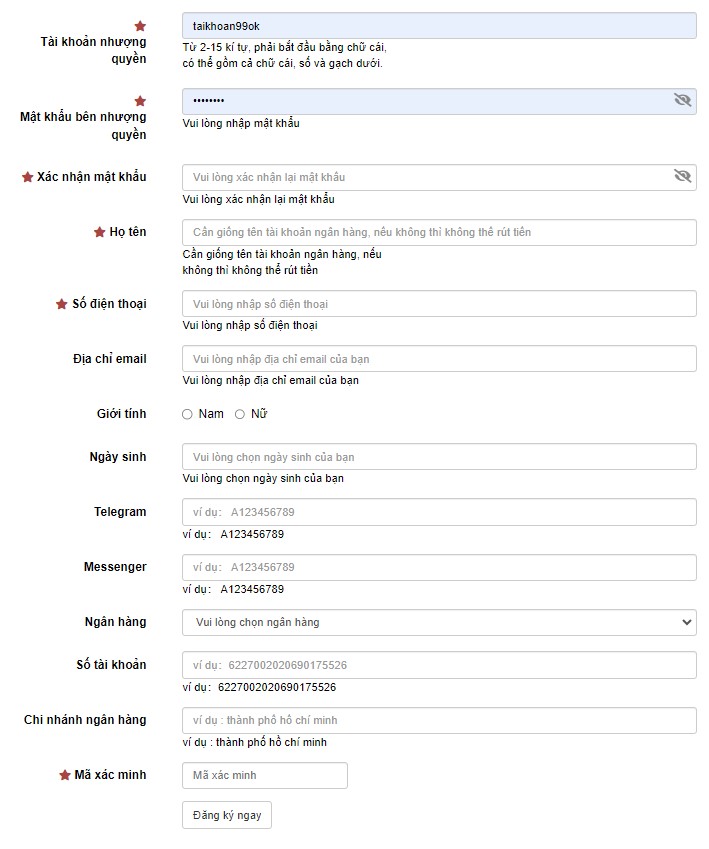 Điền đầy đủ thông tin như ảnh minh họa để đăng ký đại lý 99OK
