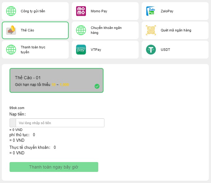 Hướng dẫn nạp tiền 99ok bằng thẻ cào